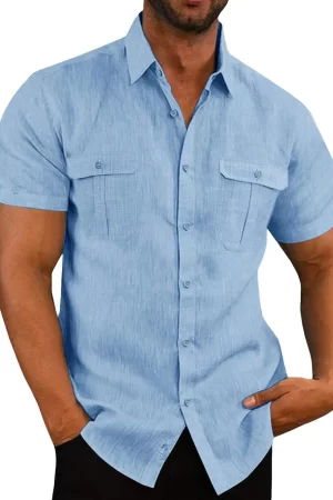 Coton Lin Vente Chaude Hommes À Manches Courtes Chemises D'été Solide